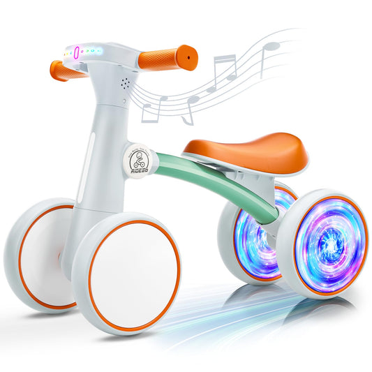 Ridego Colorful Lighting Baby Balance Bike rear wheels glow for visibility and fun.