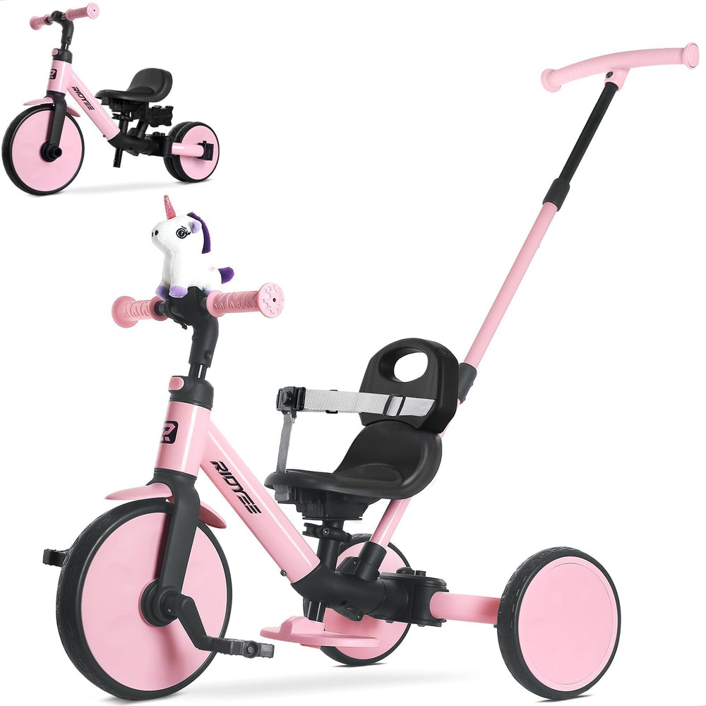 RIDYEE 5-in-1 tricycle with push handle guiding parents for smooth early rides