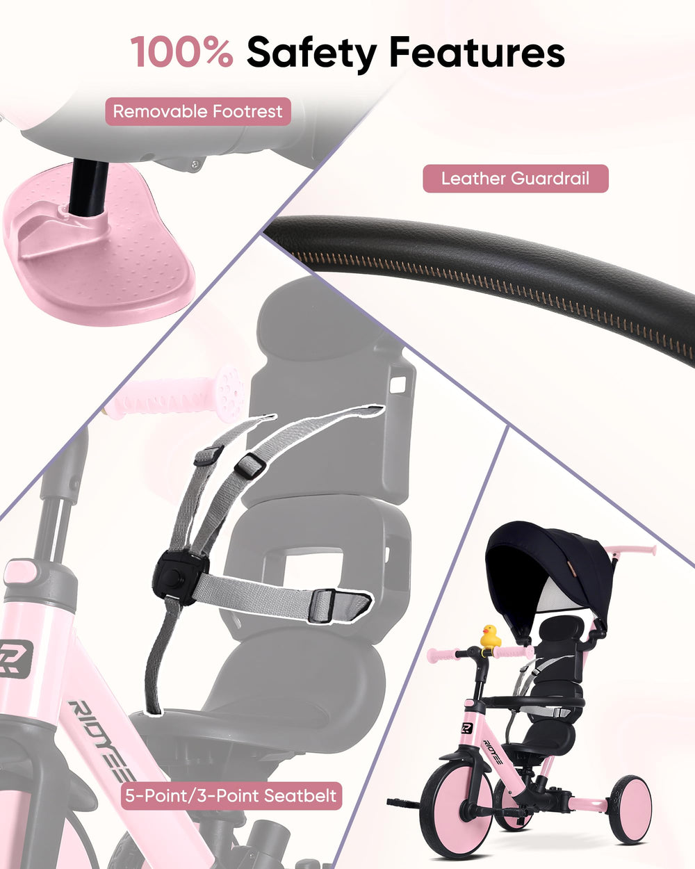 RIDYEE pink tricycle with 5-point harness for secure rides