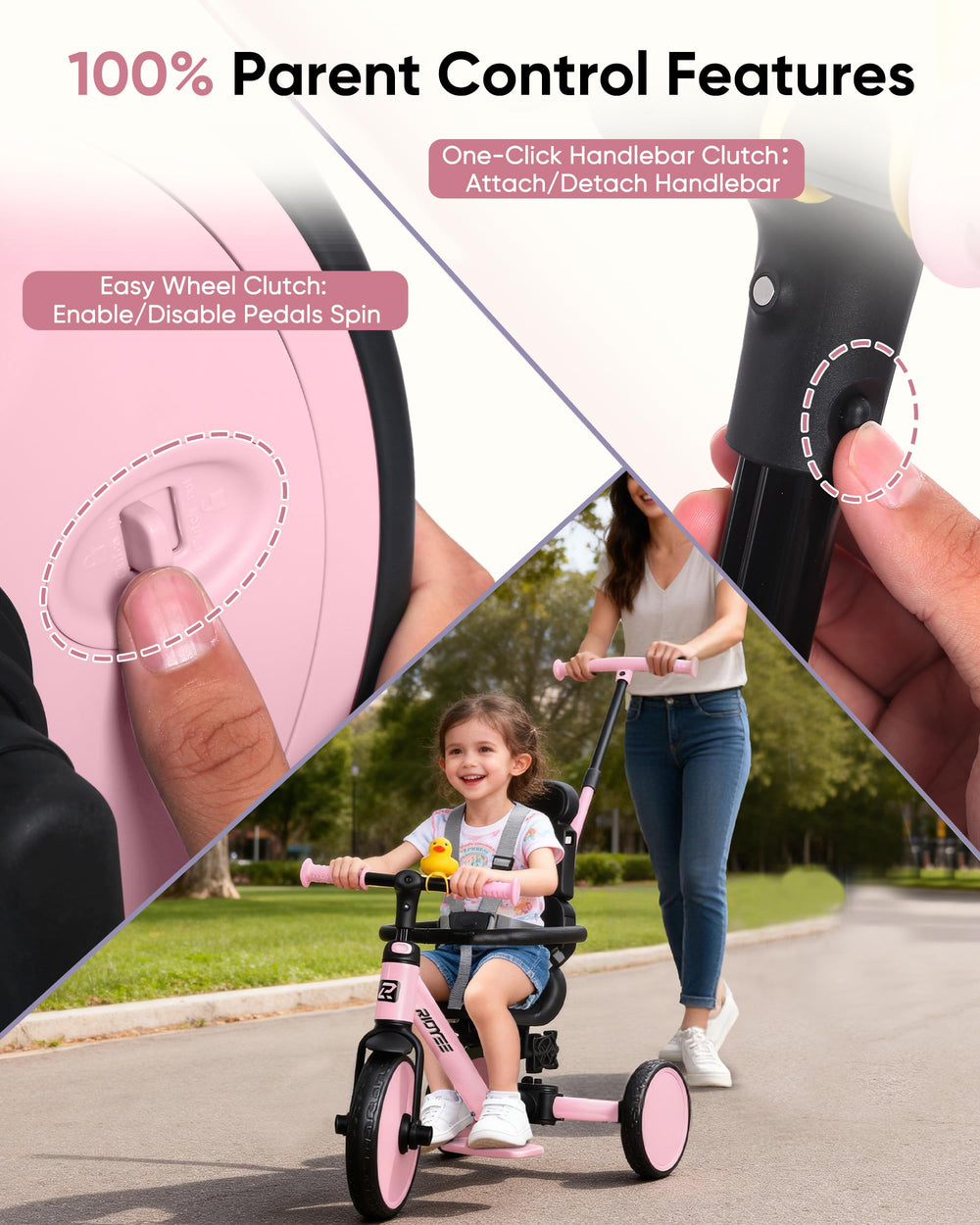 RIDYEE pink tricycle rotating seat demonstrates adult-child interaction