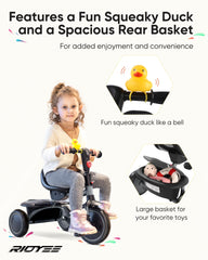 RIDYEE toddler tricycle adjustable seat provides growing comfort and proper ride position.