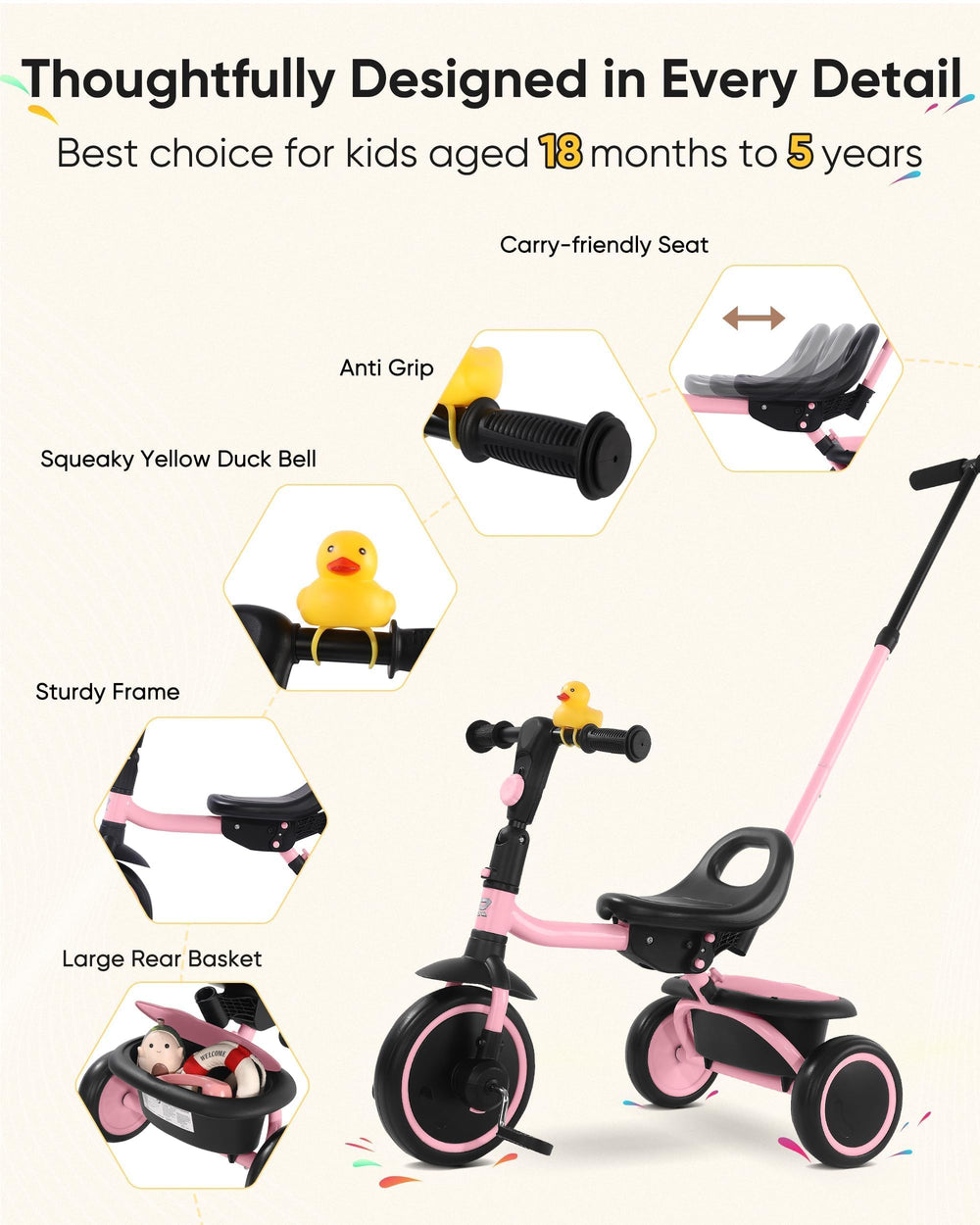 RIDYEE tricycle squeaky duck bell adds playful signaling