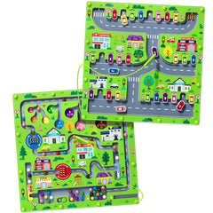 rifamee magnetic maze board showing car-themed alphabet letters for early literacy