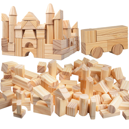 Right Track Toys wooden blocks closeup shows natural blocks and 14 shapes for creative building