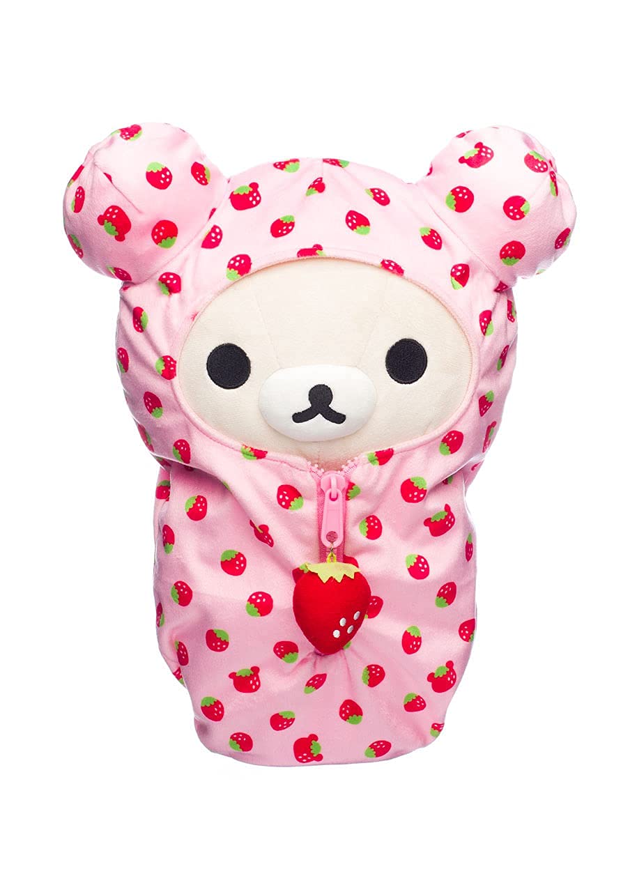 Rilakkuma Korilakkuma strawberry sleeping bag plush close-up showing cozy cuddle appeal.