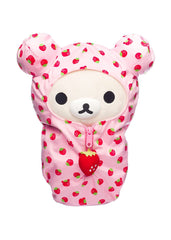 Rilakkuma Korilakkuma strawberry sleeping bag plush close-up showing cozy cuddle appeal.