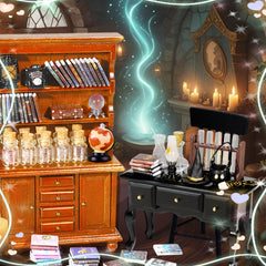 Rileryan wooden-desk invites practical display space for a wizard's workspace