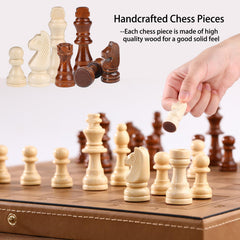 Rinten leather travel chess set shown for indoor and outdoor use.