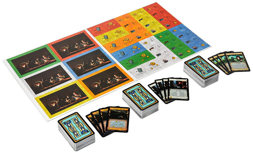 Rio Grande Games Dominion Adventures Game Gold components organized for quick setup.