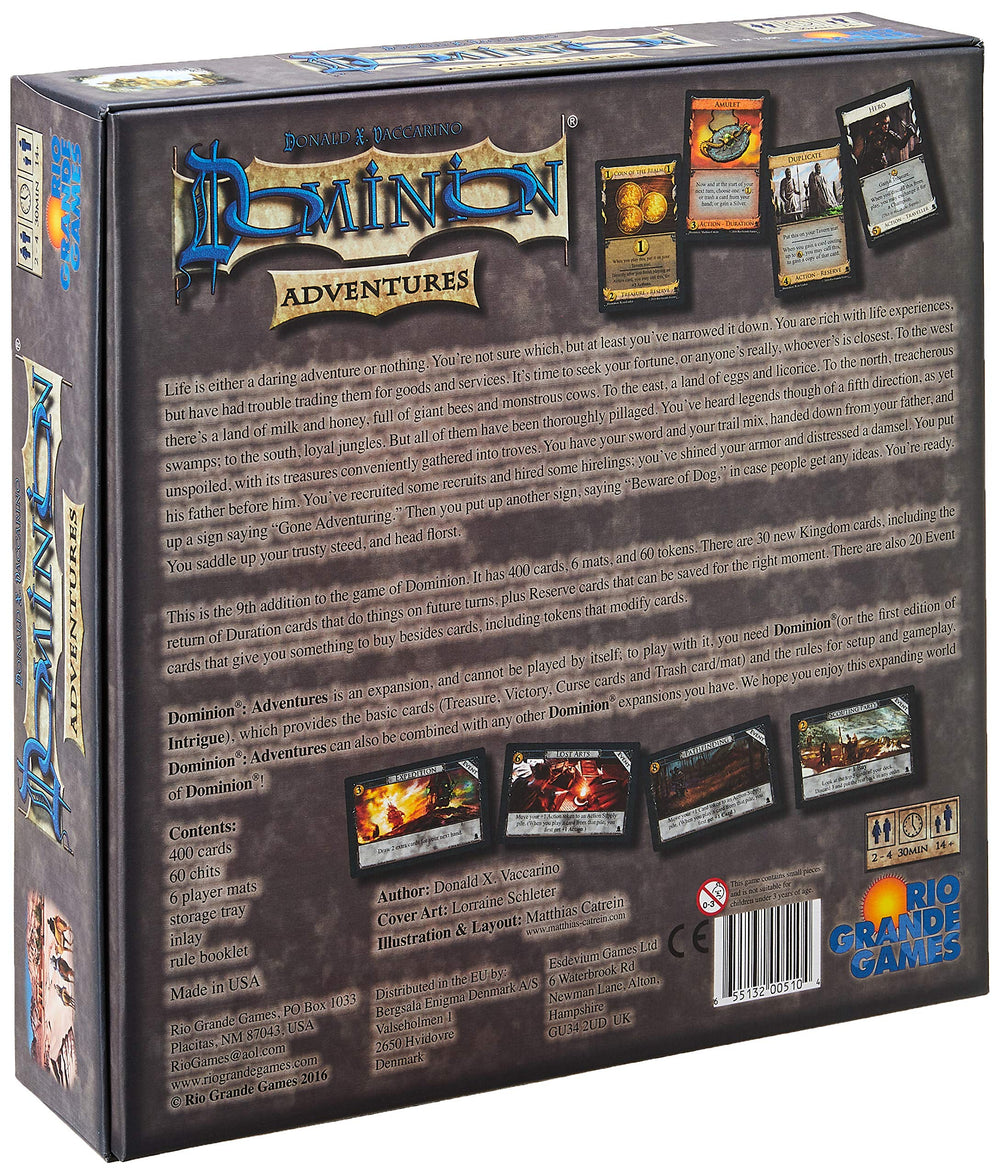 Rio Grande Games Dominion Adventures Game Gold gameplay scene highlights strategic play.