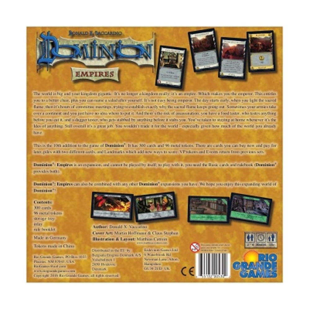 Rio Grande Games Dominion Empires artwork highlights thematic flavor and expansion content.
