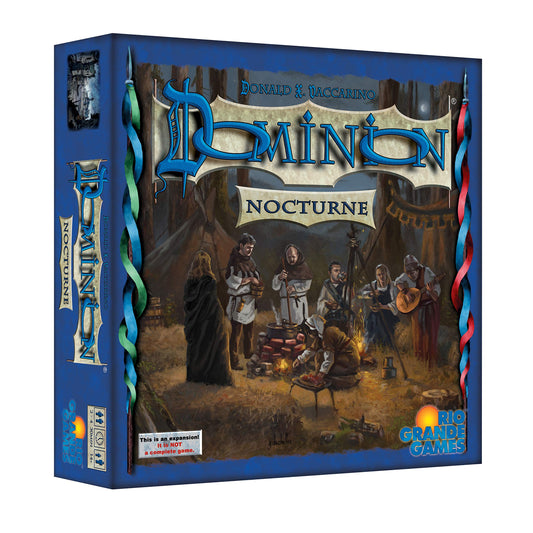 Rio Grande Games Dominion Nocturne expansion box with 500 cards for strategic play.