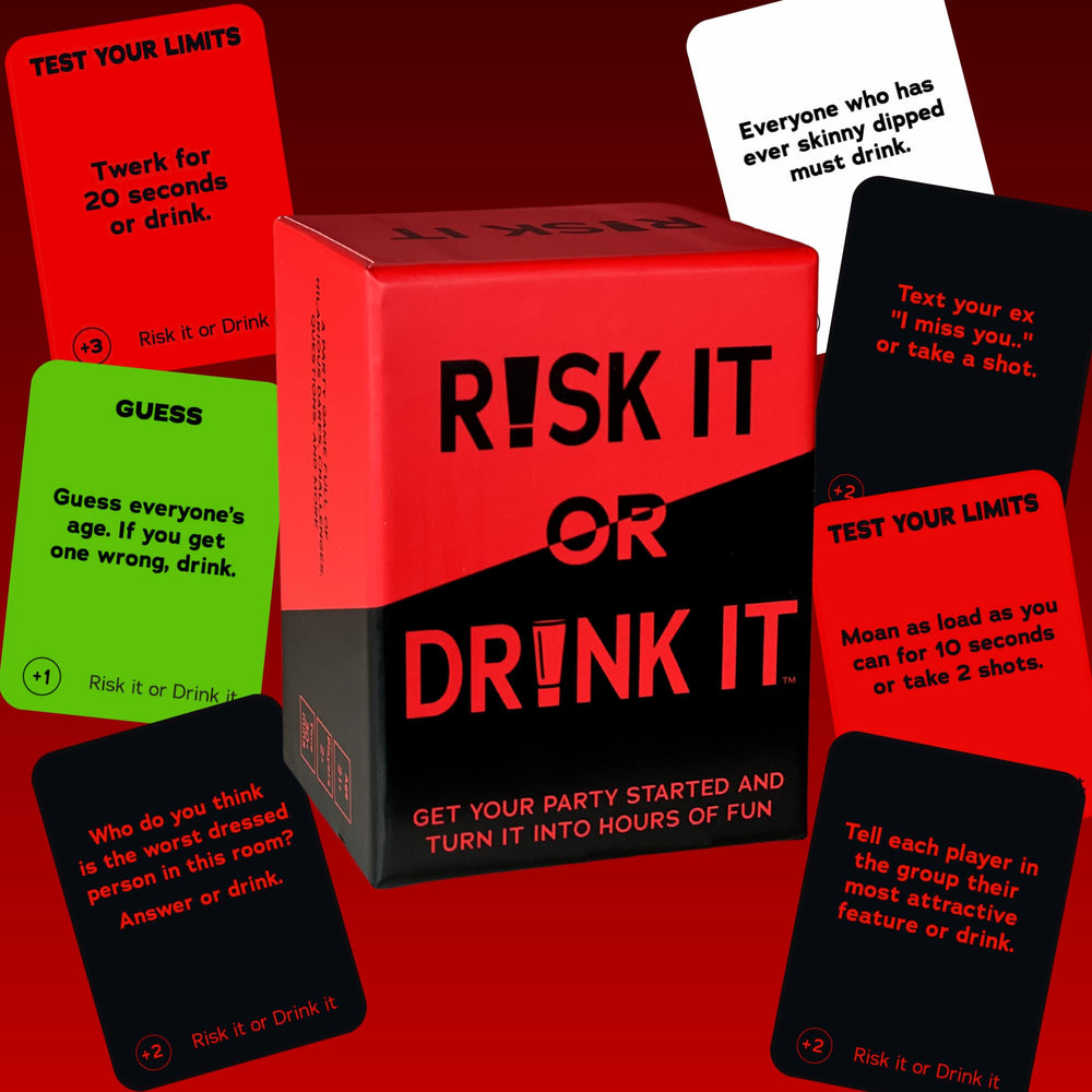 Risk It or Drink It packaging on display, ideal for gifting at parties.