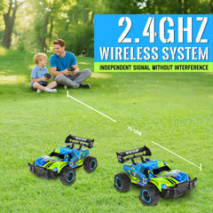 RiteHold RC car in suspension action over rough terrain.