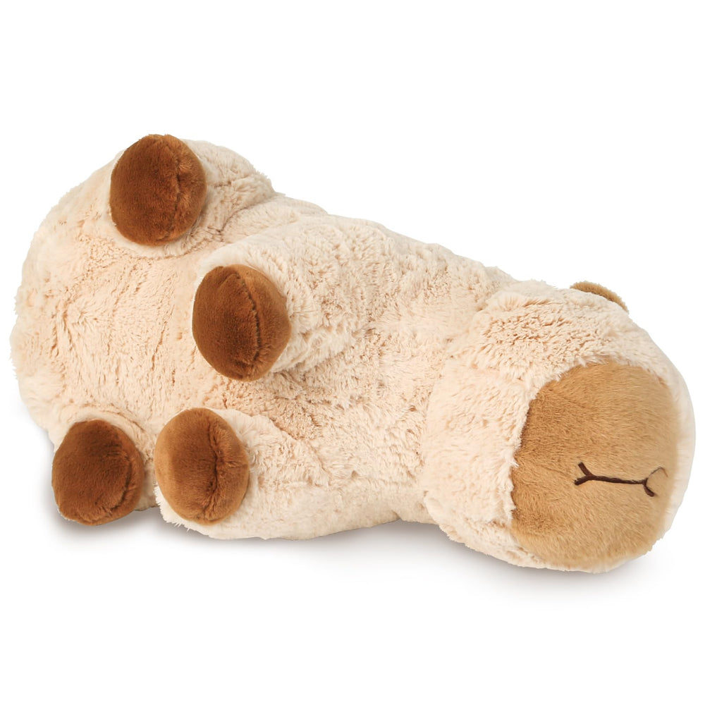 Riuhot Capybara plush with child demonstrates safe, comforting companion during bedtime.