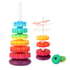 Riuja baby spinning toy with rainbow discs, encouraging visual stimulation and early coordination.
