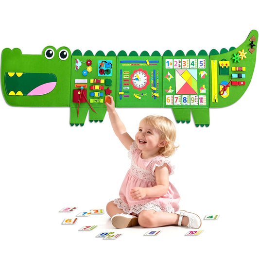 Rivibou Crocodile Foldable Busy Board wall panel for toddlers promotes independent play