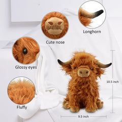 rivoeis Highland cow plush decorative display on a shelf