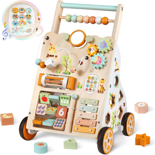 Rmischolar baby push walker front view with sensory panel encouraging exploration
