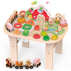 Rmischolar Farm Activity Table bead maze engages tiny hands for fine motor development.