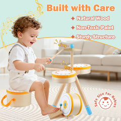 Rmischolar Kids Wooden Drum Kit bass drum with foot pedal for dynamic play.