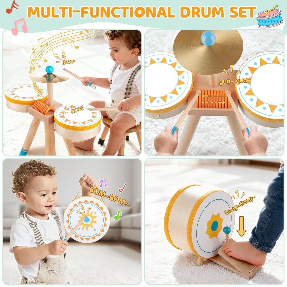 Rmischolar Kids Wooden Drum Kit cymbal close-up showing safe design.