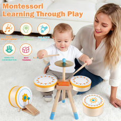 Rmischolar Kids Wooden Drum Kit drumsticks included for drumming sessions.