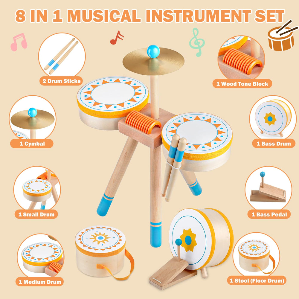 Rmischolar Kids Wooden Drum Kit packaging box shown as gift-ready set.