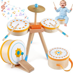 Rmischolar Kids Wooden Drum Kit top view with drums and cymbal for rhythm learning.
