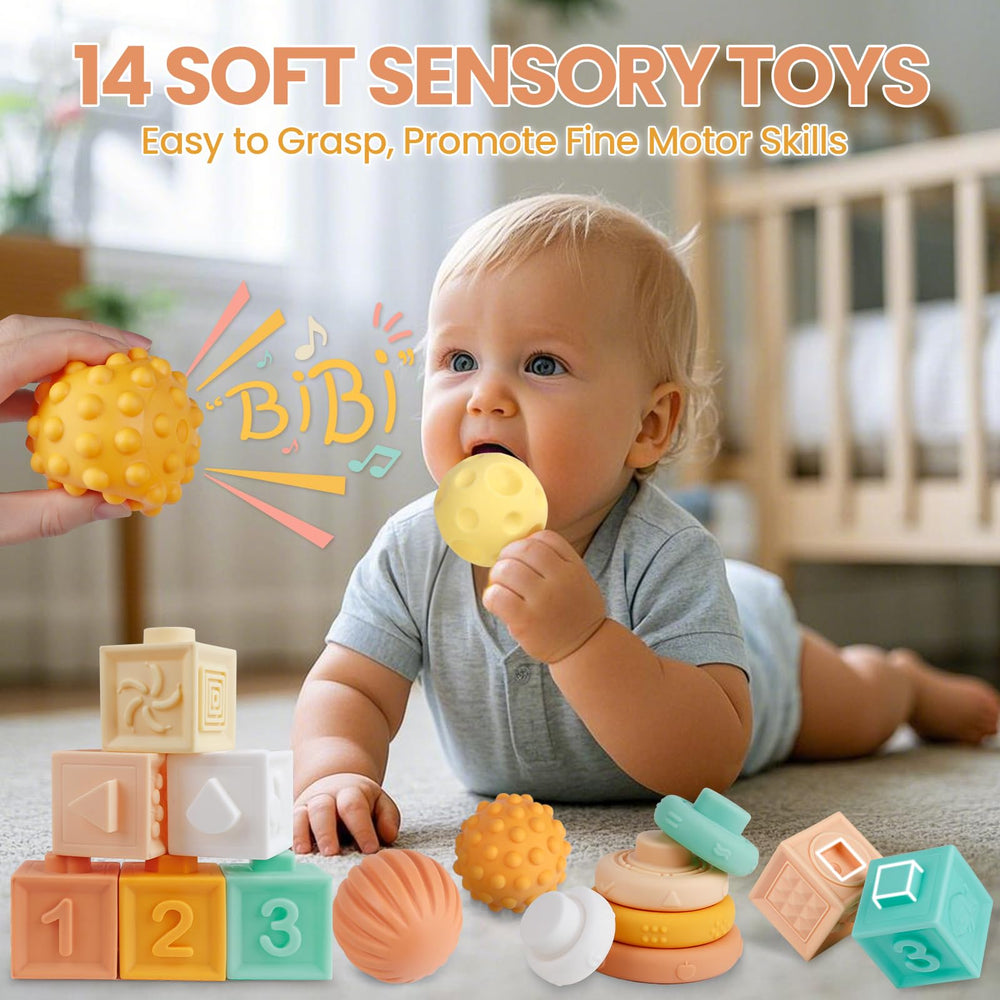Rmischolar textured balls and stacking rings aiding fine motor skills during play