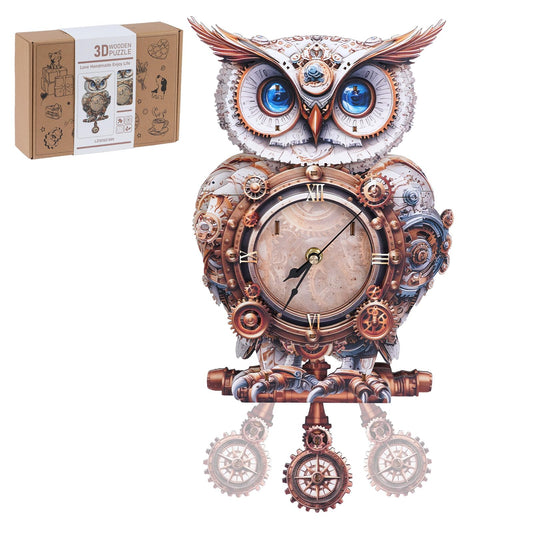 Rnfinewow 3D Owl Clock Puzzle front view showing detailed craftsmanship and decor potential