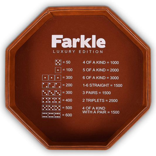 RNK Gaming Farkle Luxury Edition brown PU leather dice tray showing organized layout and premium feel.