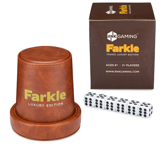 RNK Gaming Farkle travel dice cup close-up, premium brown PU leather for elegant play