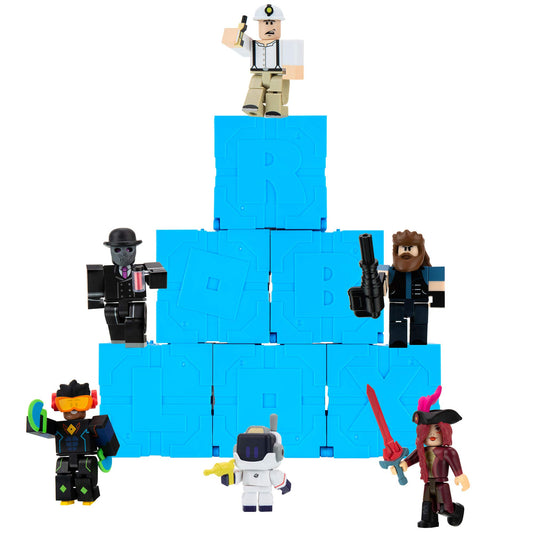 Roblox Action Collection Series 9 six-pack front view with blue packaging and codes.