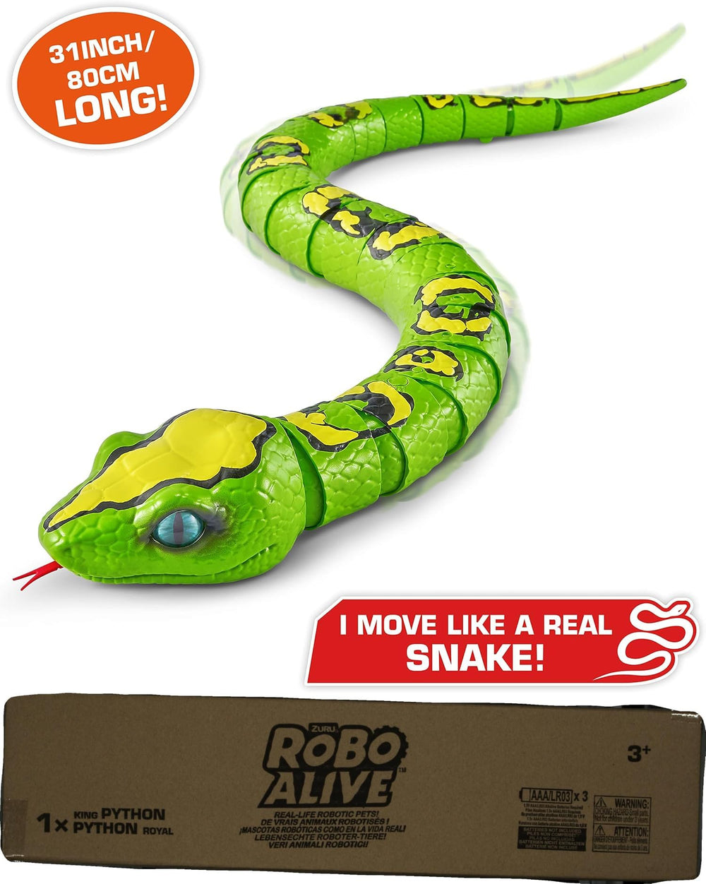 Robo Alive King Python requires AAA batteries to power exciting movement.