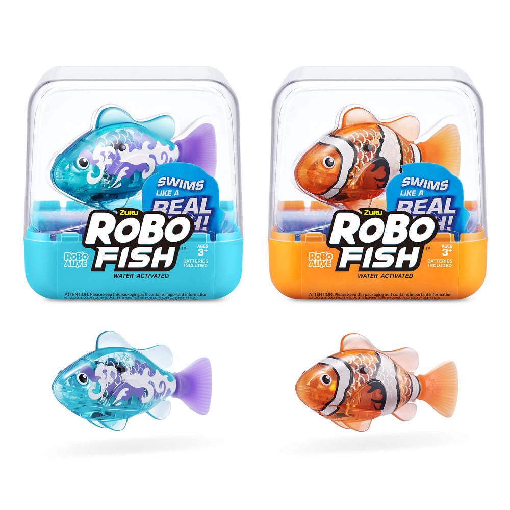 Robo Alive teal and orange Robo Fish swims in water, a lifelike water-activated toy for family play.