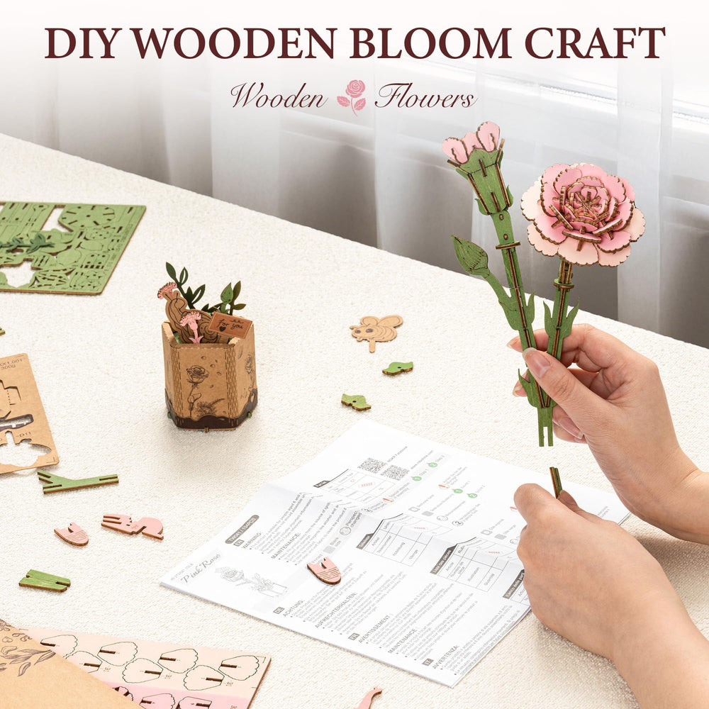 Robotime 3D pink carnation puzzle close-up reveals interlocking joints for easy assembly.