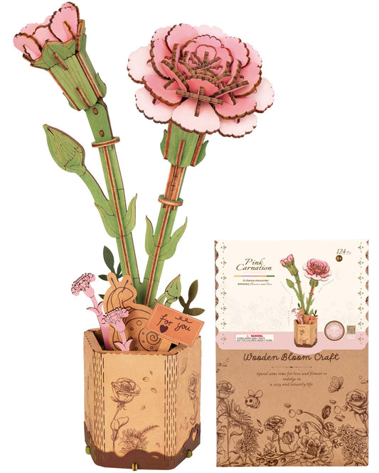 Robotime 3D pink carnation puzzle front view, durable wooden petals for lasting decor.