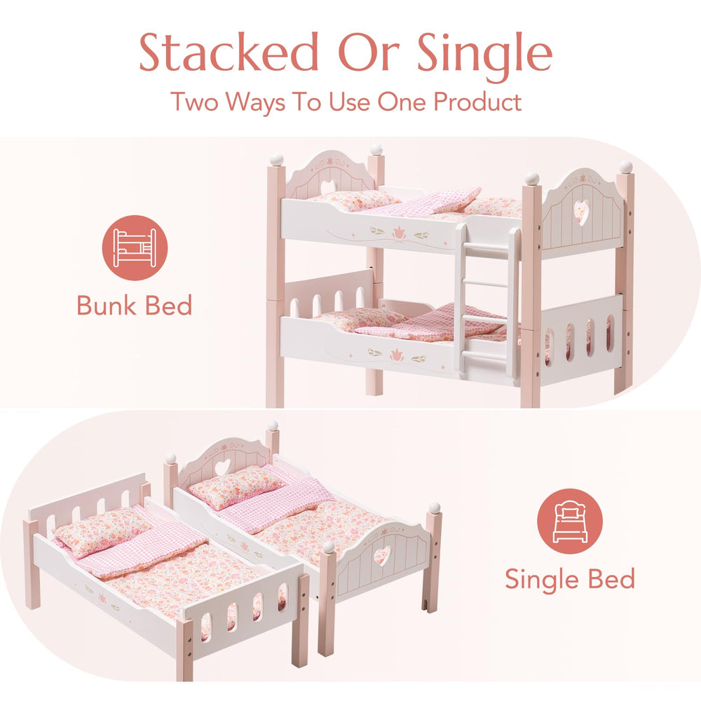 ROBOTIME wooden doll bed close-up highlights natural material and durability.