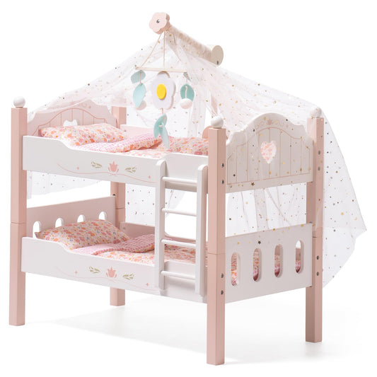 ROBOTIME pink wooden bunk beds for dolls; ideal for imaginative, cooperative play.