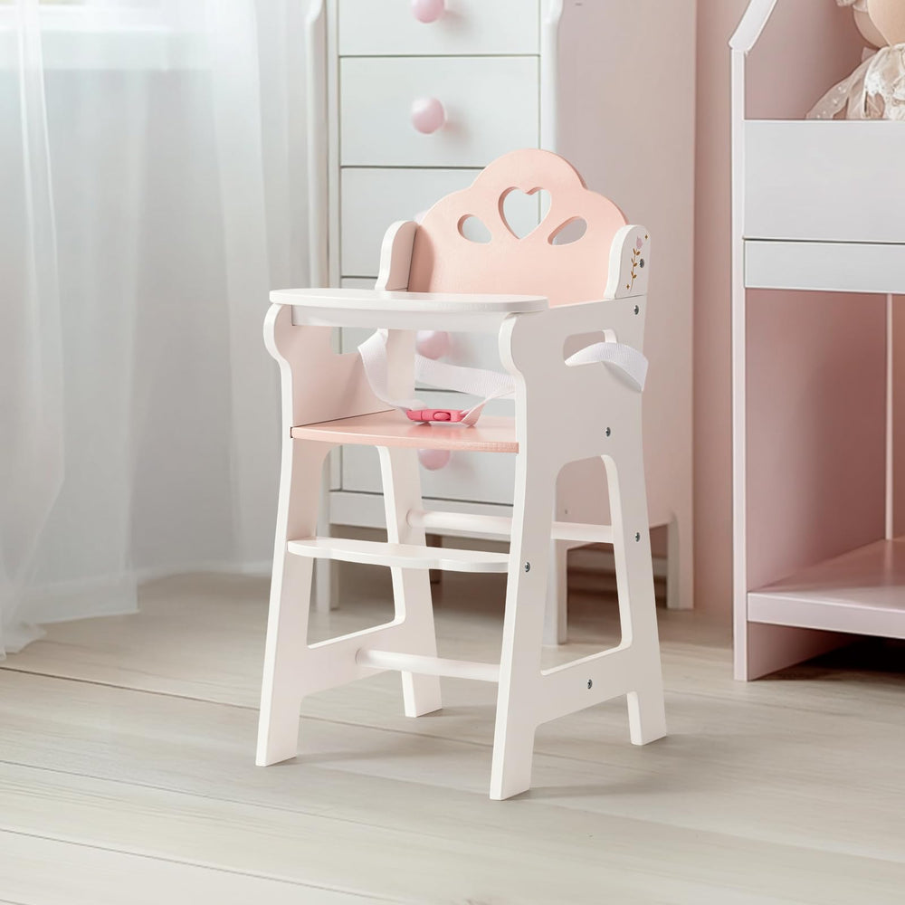 ROBOTIME Baby Doll High Chair white finish enhances doll-set aesthetics.