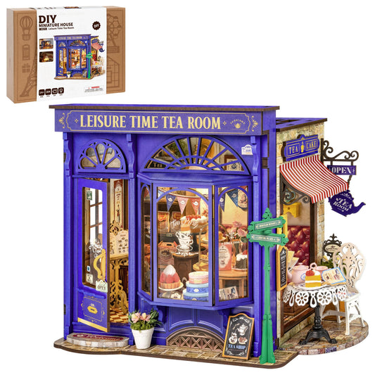 Robotime bakery diorama exterior showcases charming storefront architecture for a shelf display.