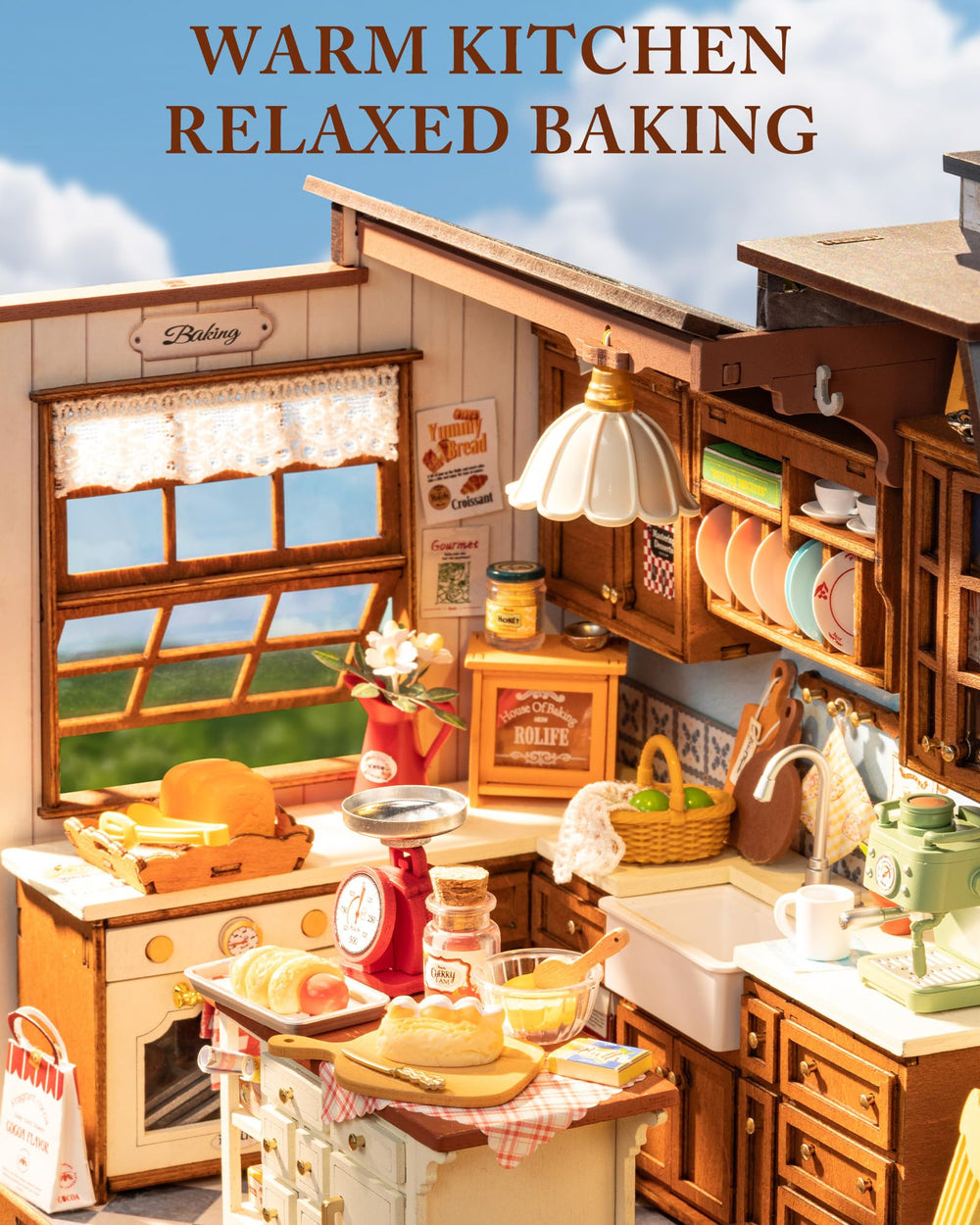 ROBOTIME Baking Kitchen features soft LED lighting for warm ambiance.
