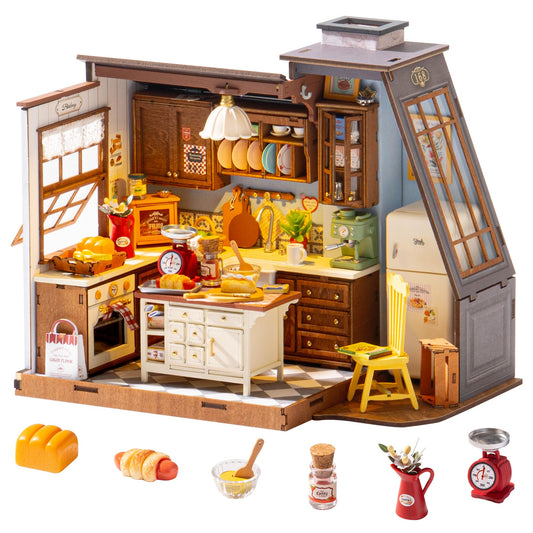 ROBOTIME Baking Kitchen with wooden island enhances cozy home display.