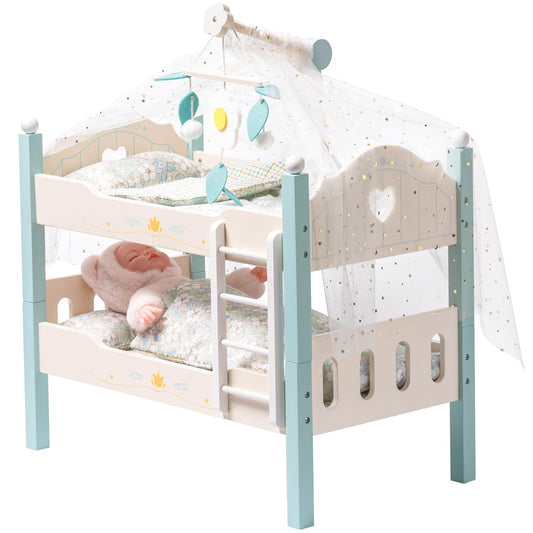 Robotime blue bunk bed assembly for 18-inch dolls.