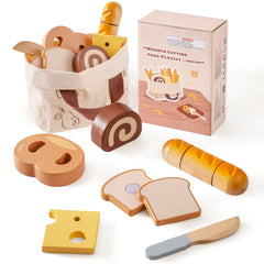 ROBOTIME bread cutting set with wooden pieces for imaginative play and fine motor practice.