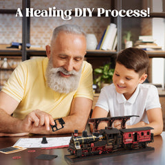 Robotime detailed steam train model captures vintage charm.