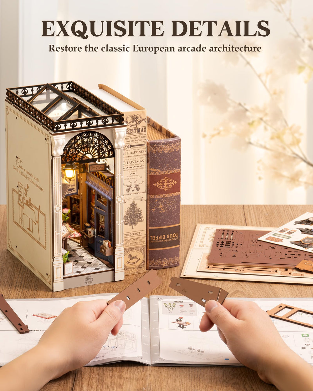 ROBOTIME DIY Book Nook open assembly area invites hands-on crafting.
