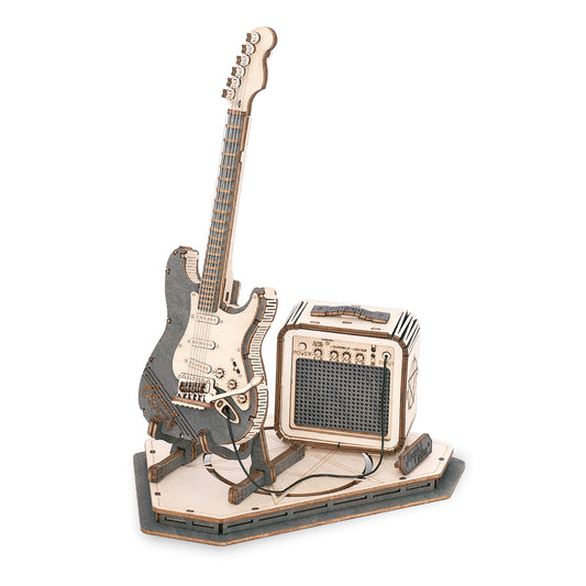 Robotime DIY guitar kit assembly promotes hands-on learning and problem solving.