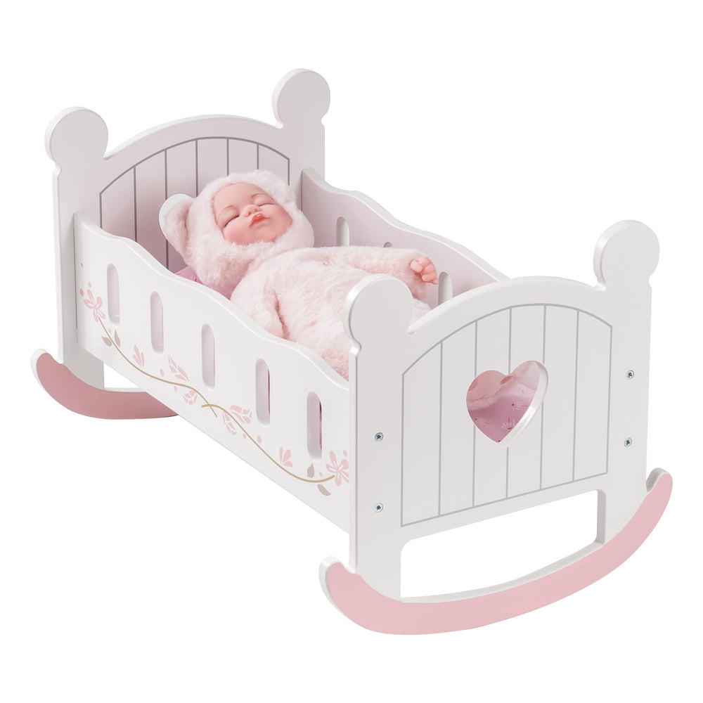 Robotime wooden doll cradle rocking white finish for gentle playtime.